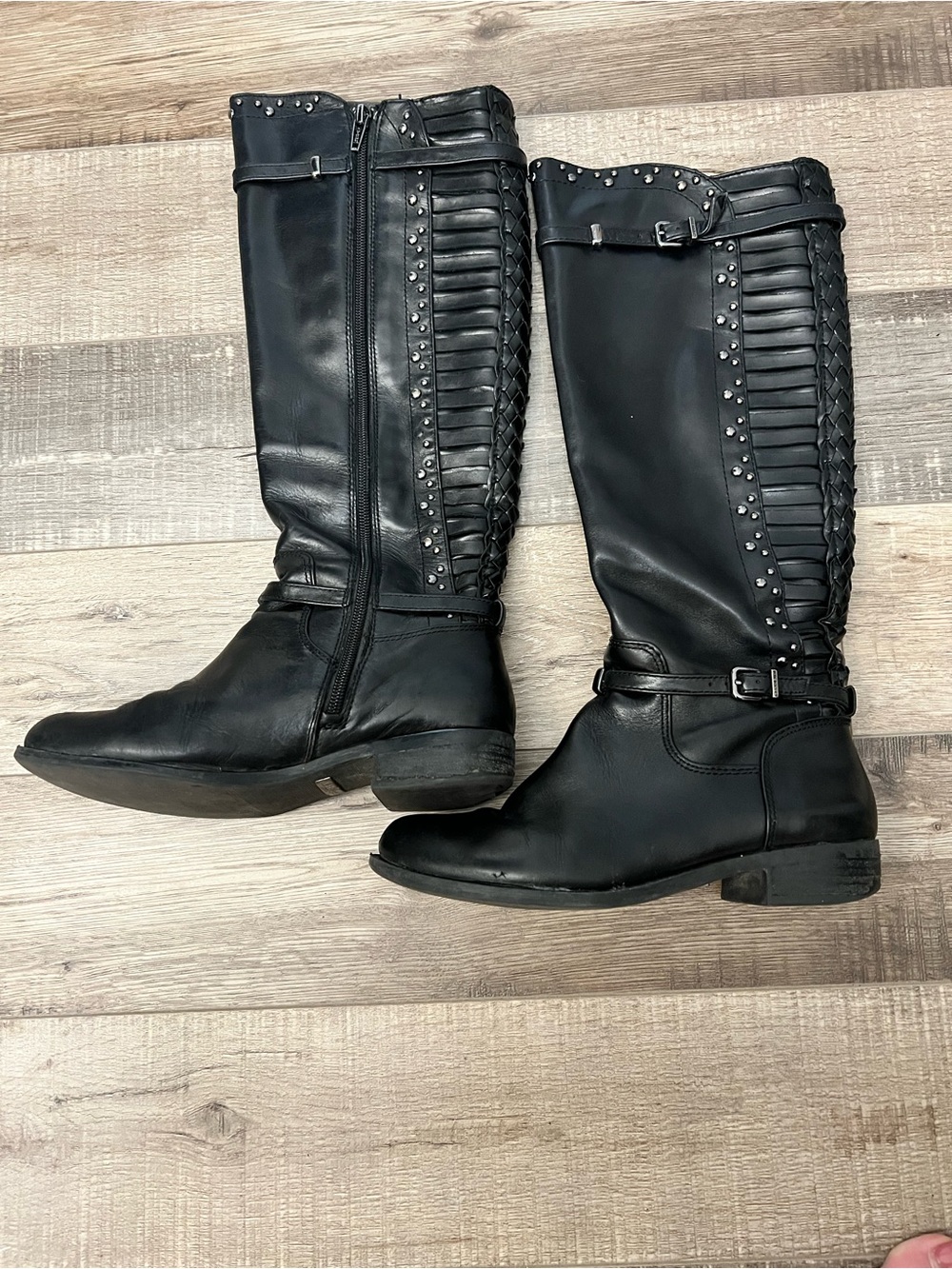 Gianni Bini Black Studded Braided Riding Boots size 6.5 flawed gem